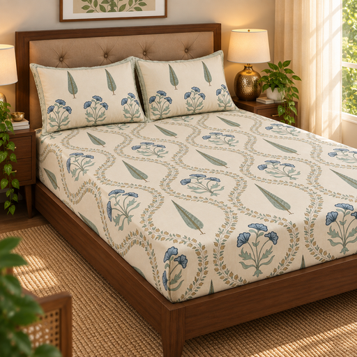 aenak-blue-poppy-handblock-printed-premium-cotton-bedsheet-set-beige-base
