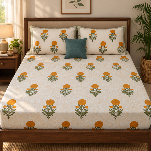 aenak-turmeric-yellow-paani-jaal-handblock-premium-cotton-fitted-bedsheet-set
