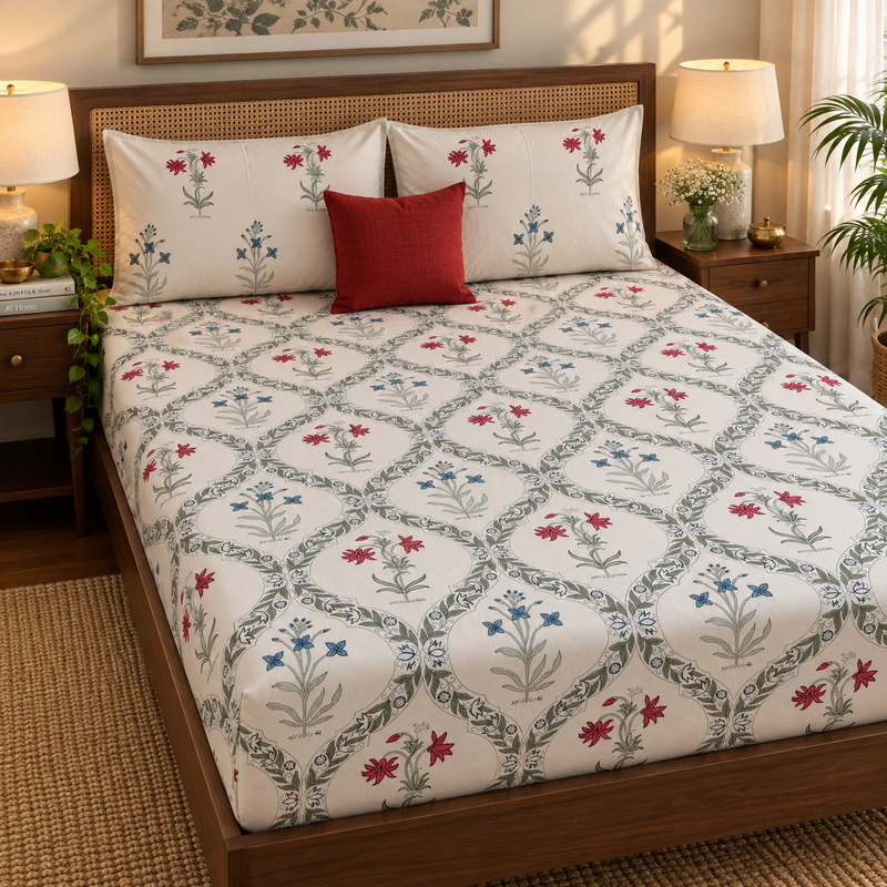 aenak-pink-blue-floral-jaal-handblock-premium-cotton-bedsheet-set