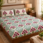 aenak-green-red-dahlia-handblock-premium-cotton-bedsheet-set