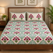 aenak-green-red-dahlia-handblock-premium-cotton-bedsheet-set
