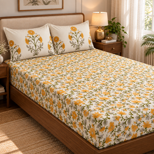 aenak-yellow-marigold-handblock-printed-premium-cotton-bedsheet-set