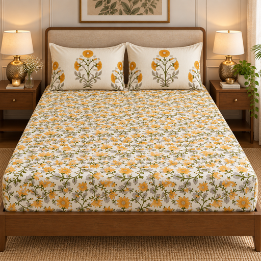 aenak-yellow-marigold-handblock-printed-premium-cotton-bedsheet-set