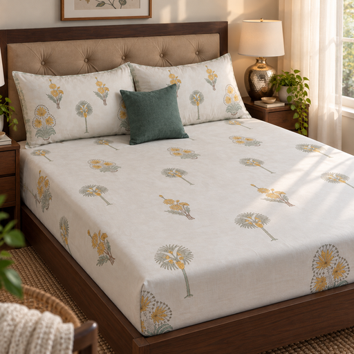 aenak-yellow-blossom-handblock-premium-cotton-bedsheet-set