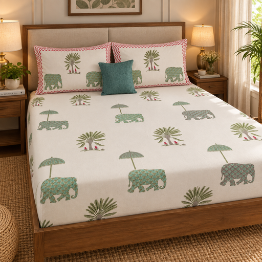 aenak-green-elephant-handblock-printed-premium-cotton-fitted-bedsheet-set