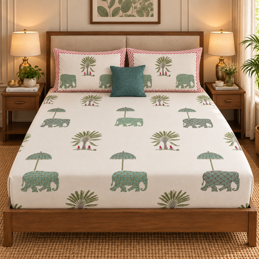 aenak-green-elephant-handblock-printed-premium-cotton-fitted-bedsheet-set