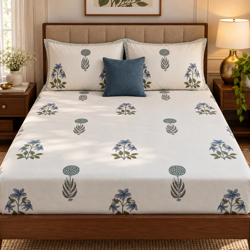 aenak-blue-lily-handblock-premium-cotton-fitted-bedsheet-set