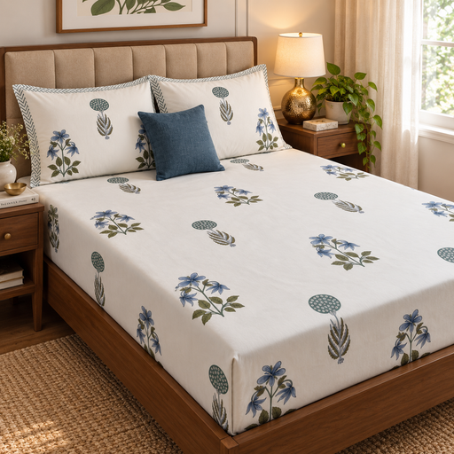 aenak-blue-lily-handblock-premium-cotton-fitted-bedsheet-set