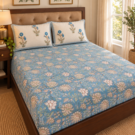 aenak-blue-marigold-handblock-printed-premium-cotton-fitted-bedsheet-set