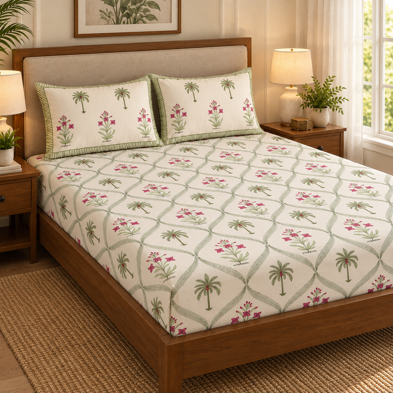 aenak-green-palm-handblock-printed-premium-cotton-fitted-bedsheet-set