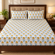 aenak-yellow-blue-lotus-handblock-printed-premium-cotton-fitted-bedsheet-set