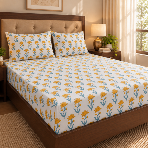 aenak-yellow-blue-lotus-handblock-printed-premium-cotton-fitted-bedsheet-set