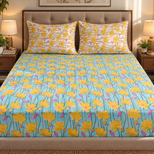 aenak-yellow-pichwai-lotus-handblock-premium-cotton-fitted-bedsheet-set