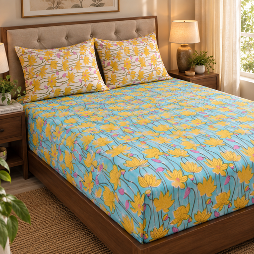 aenak-yellow-pichwai-lotus-handblock-premium-cotton-bedsheet-set