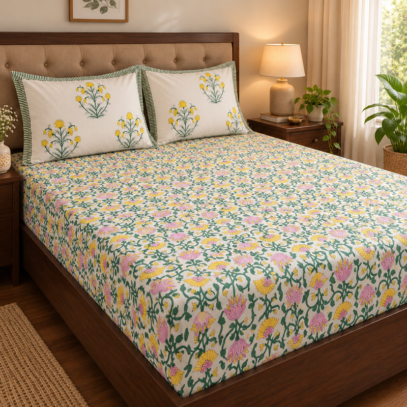 aenak-pink-yellow-lotus-handblock-printed-premium-cotton-set-bedsheet