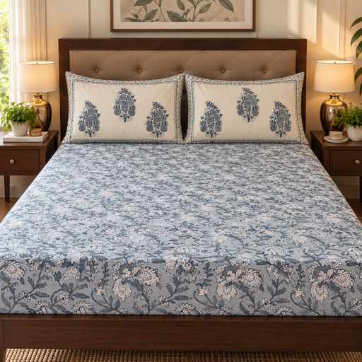aenak-blue-phool-boota-handblock-premium-cotton-fitted-bedsheet-set
