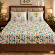 aenak-pink-yellow-lotus-handblock-printed-premium-cotton-fitted-bedsheet-set