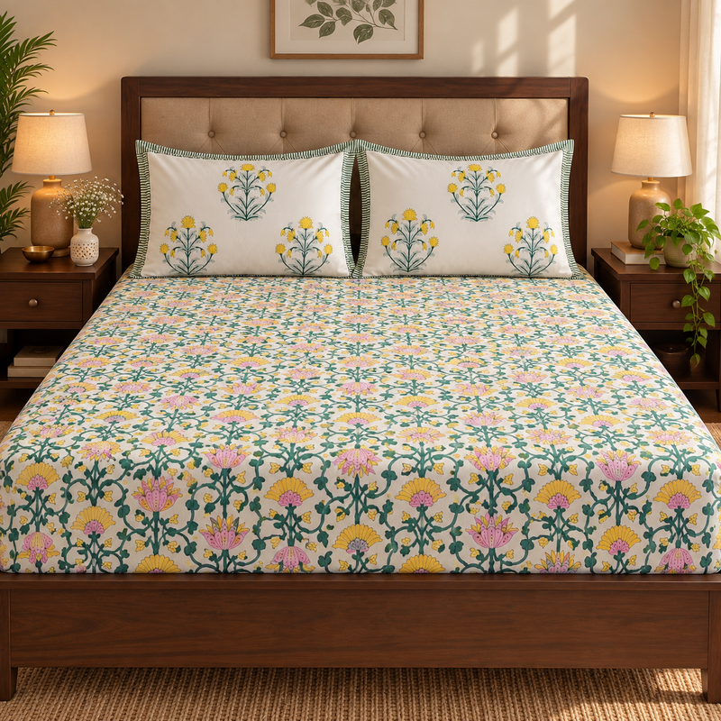 aenak-pink-yellow-lotus-handblock-printed-premium-cotton-set-bedsheet