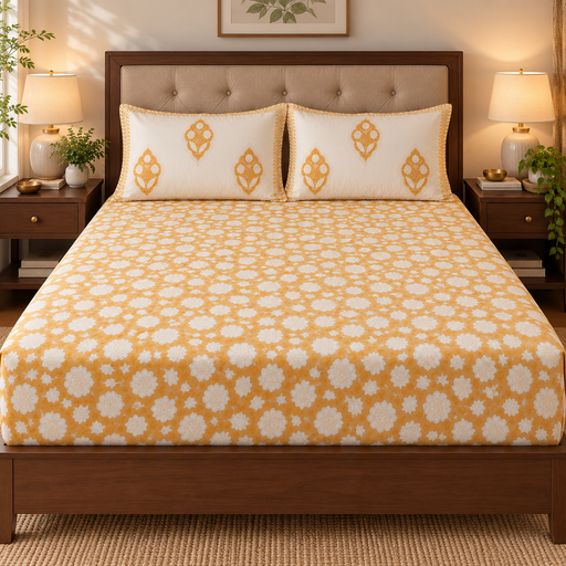aenak-yellow-floral-garden-handblock-printed-premium-cotton-fitted-bedsheet-set