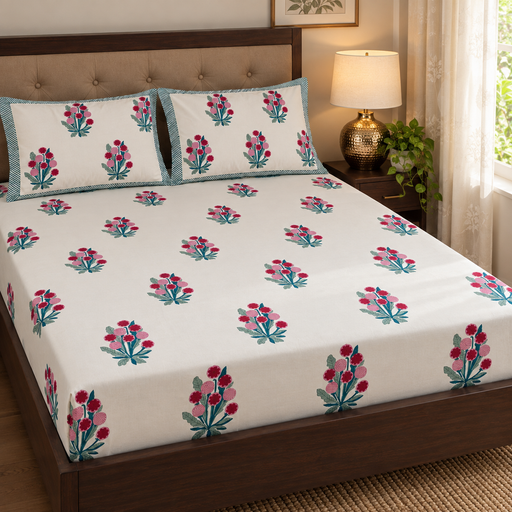 aenak-gardenia-red-handblock-printed-premium-cotton-fitted-bedsheet-set