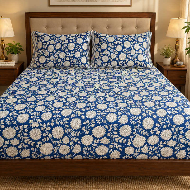 aenak-blue-floral-garden-handblock-printed-premium-cotton-fitted-bedsheet-set