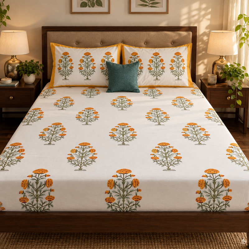 aenak-turmeric-yellow-marigold-handblock-printed-premium-cotton-set-bedsheet