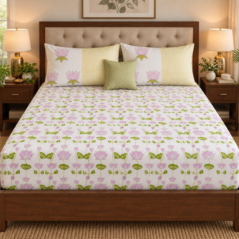aenak-pichwai-lotus-handblock-printed-premium-cotton-fitted-bedsheet-set