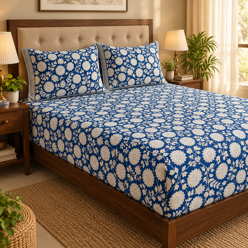 aenak-blue-floral-garden-handblock-printed-premium-cotton-fitted-bedsheet-set