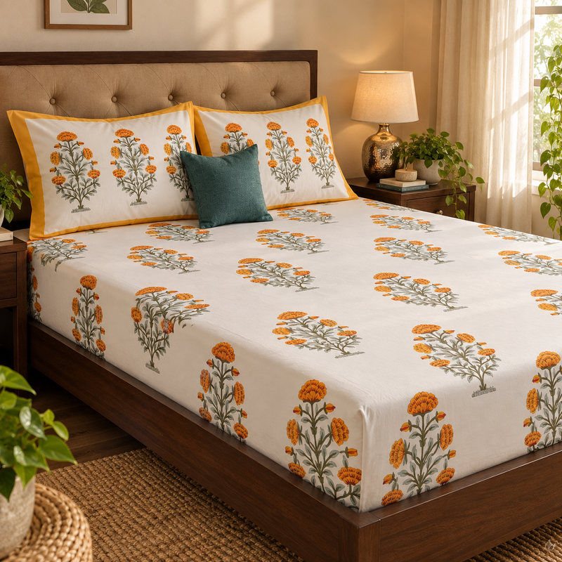 aenak-turmeric-yellow-marigold-handblock-printed-premium-cotton-set-bedsheet