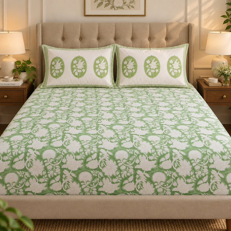 aenak-green-garden-handblock-printed-premium-cotton-fitted-bedsheet-set
