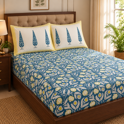 aenak-blue-yellow-anaar-handblock-premium-cotton-fitted-bedsheet-set
