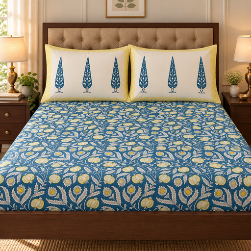 aenak-blue-yellow-anaar-handblock-premium-cotton-fitted-bedsheet-set