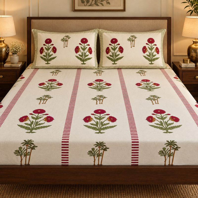 aenak-red-dahlia-floral-handblock-printed-premium-cotton-fitted-bedsheet-set