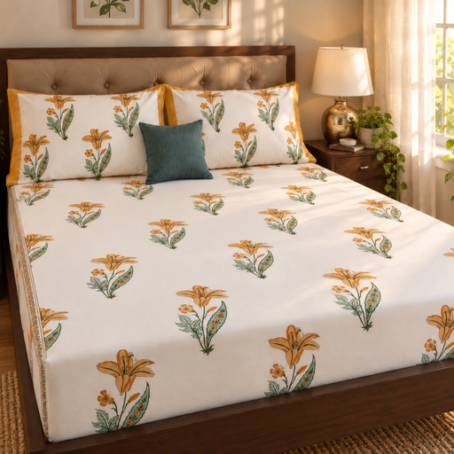 aenak-yellow-lily-handblock-printed-premium-cotton-set-bedsheet