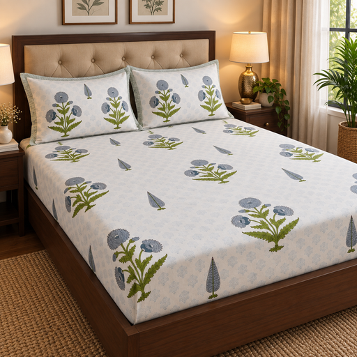 aenak-blue-dahlia-handblock-printed-premium-cotton-fitted-bedsheet-set