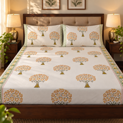 aenak-yellow-bodhi-tree-handblock-printed-premium-cotton-fitted-bedsheet-set