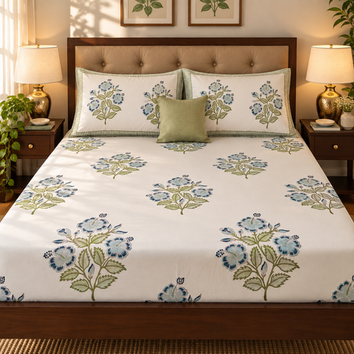 aenak-blue-hibiscus-handblock-premium-cotton-fitted-bedsheet-set
