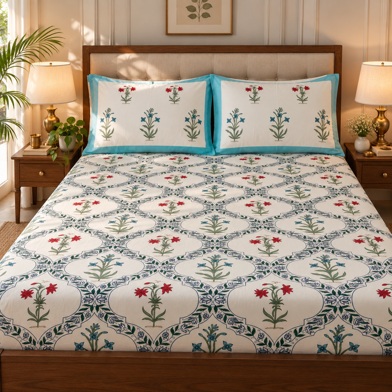 aenak-blue-red-floral-jaal-handblock-printed-premium-cotton-set-bedsheet