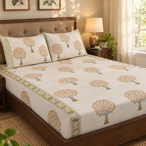 aenak-yellow-bodhi-tree-handblock-printed-premium-cotton-set-bedsheet