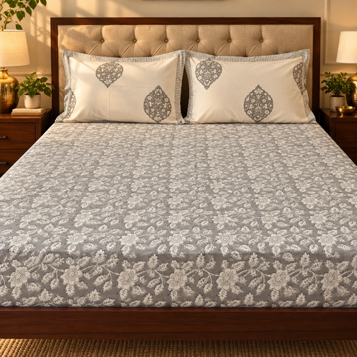 aenak-grey-floral-handblock-printed-premium-cotton-fitted-bedsheet-set