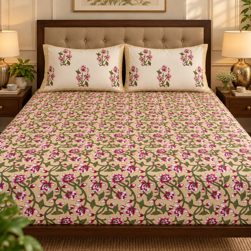 aenak-beige-floral-jaal-handblock-printed-premium-cotton-fitted-bedsheet-set
