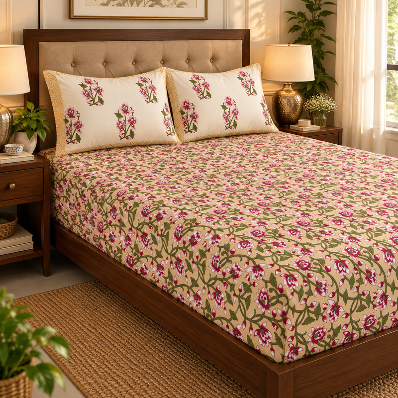 aenak-beige-floral-jaal-handblock-printed-premium-cotton-fitted-bedsheet-set