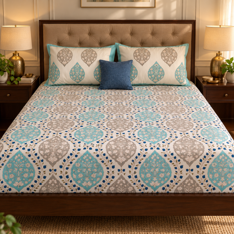 aenak-blue-jaal-handblock-printed-premium-cotton-fitted-bedsheet-set