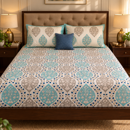 aenak-blue-jaal-handblock-printed-premium-cotton-fitted-bedsheet-set