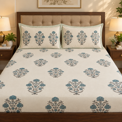 aenak-teal-blue-dahlia-handblock-printed-premium-cotton-fitted-bedsheet-set