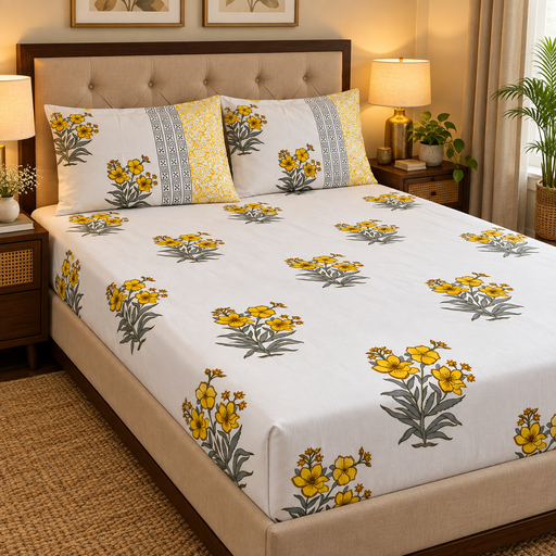 aenak-yellow-periwinkle-printed-premium-cotton-fitted-bedsheet-set