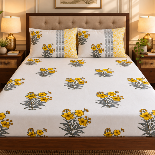 aenak-yellow-periwinkle-printed-premium-cotton-fitted-bedsheet-set