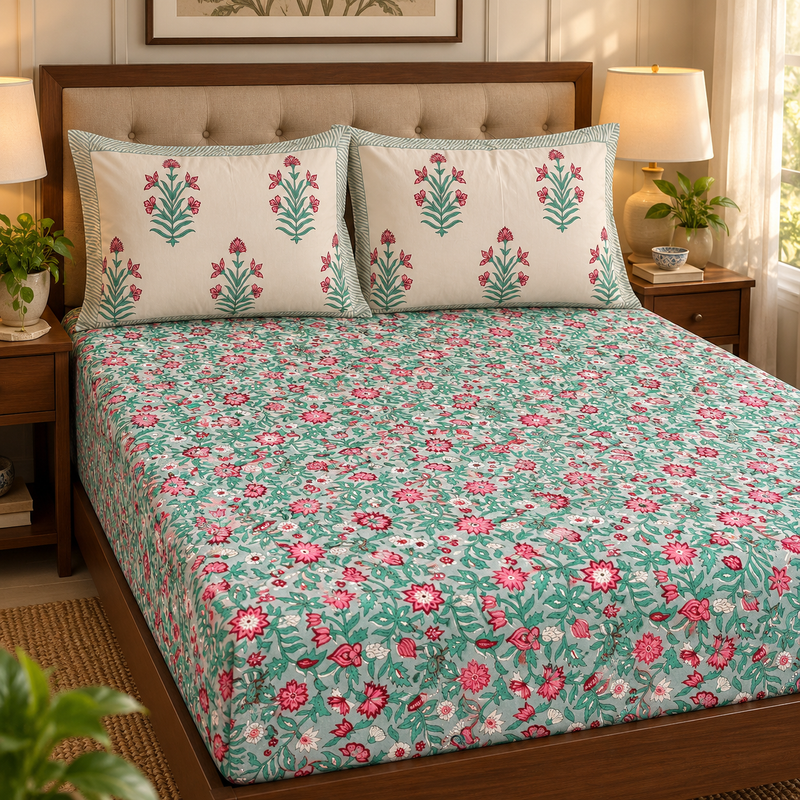 aenak-sage-green-floral-handblock-printed-premium-cotton-set-bedsheet