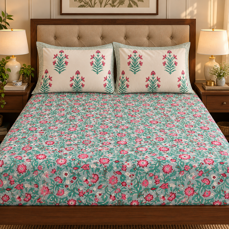aenak-sage-green-floral-handblock-printed-premium-cotton-set-bedsheet