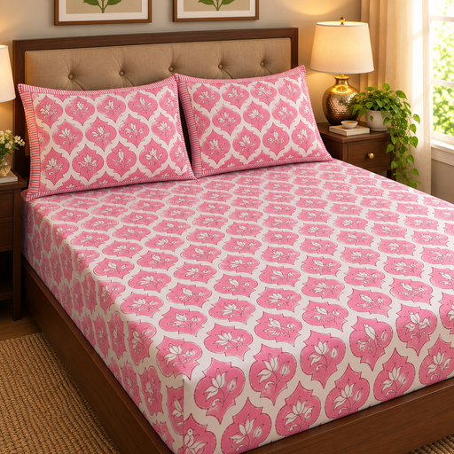 aenak-pink-parrot-handblock-premium-cotton-fitted-bedsheet-set
